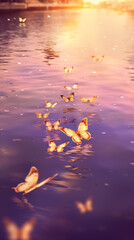 butterflies flying over a body of water with a sunset in the background