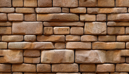 Poster - Textured Pattern of Interlocking Multi-Sized Sandstone Bricks in Earthy Tones of Beige Tan Brown, Sturdy Timeless Decorative Wall with Natural Rustic Appeal. Banner Poster Background Wallpaper Copy