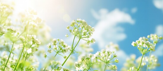 Poster - Silantro coriander flowers blossoming in summer under a blue sky selective focus copy space