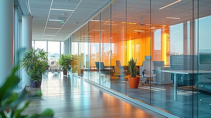 Wall Mural - Modern office glass partitions, transparent or slightly tinted glass panels, thin and elegant aluminum frames, set in a dynamic and contemporary office space, decor, and plants. Generative AI.