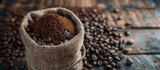 Fototapete - Bag of coffee beans on a wooden surface. with copy space image. Place for adding text or design