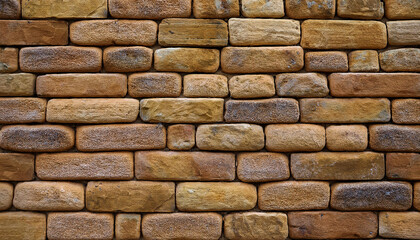 Wall Mural - Textured Pattern of Interlocking Multi-Sized Sandstone Bricks in Earthy Tones of Beige Tan Brown, Sturdy Timeless Decorative Wall with Natural Rustic Appeal. Banner Poster Background Wallpaper Copy