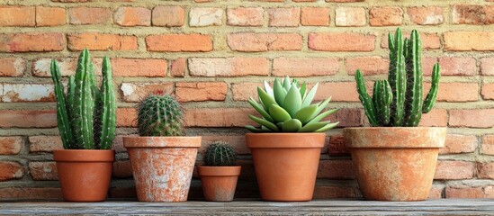 Poster - Collection of cactus plants on vintage wood and brick wall background texture still life natural three. with copy space image. Place for adding text or design