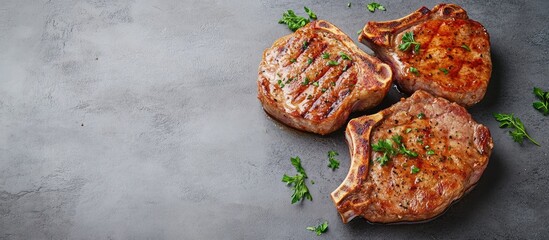 Fototapete - Tender boneless grilled pork chops Steak tenderloin Gray background Top view Copyspace