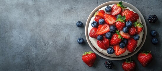 Fototapete - Cheesecake topped with strawberries and blueberries on a concrete background or surface top view featuring copy space close up
