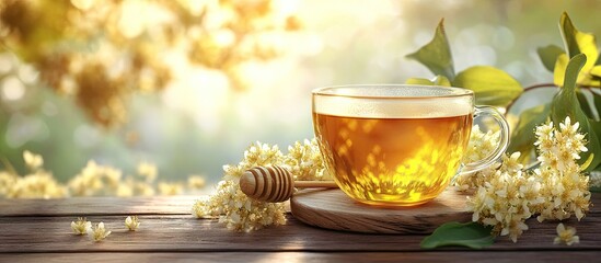 Poster - Medicinal linden tea and honey A cup of herbal tea featuring linden flowers on a wooden surface Copyspace