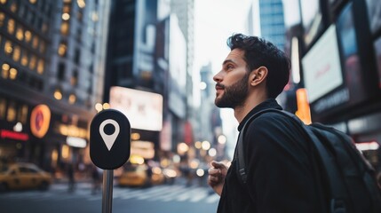 Person with a backpack on a busy city street corner.