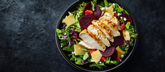Poster - Trendy salad featuring boiled chicken beetroot and cheese Healthy eating ketogenic diet diet lunch idea Menu for Keto and Paleo diets. with copy space image. Place for adding text or design