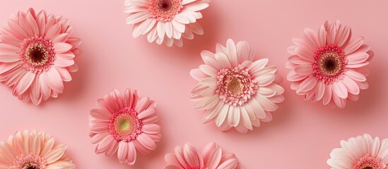 Poster - Soft beige gerbera flowers arranged in a row on a pink background A minimal modern floral concept featuring a frame Top view with pastel shades and copyspace