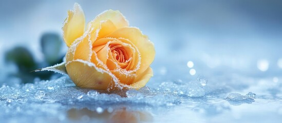 Fototapete - Frozen yellow rose beneath melting ice authentic winter photography. with copy space image. Place for adding text or design