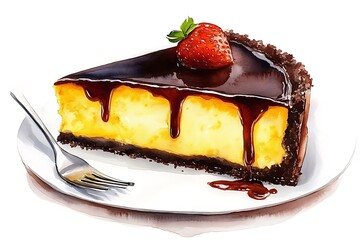 Poster - Watercolor Illustration of a Slice of Cheesecake with Chocolate Drizzle and Strawberry.