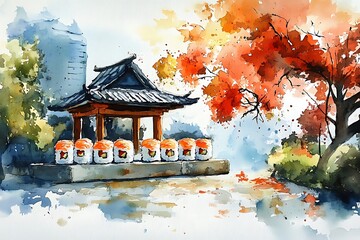 Canvas Print - Watercolor Painting of Sushi Rolls Under a Gazebo with an Autumn Tree in the Background.