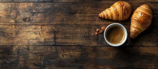 Poster - Coffee and croissant on a rustic wooden table French breakfast Top view Flat lay Copyspace