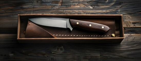 Poster - Knife with a fixed handle in a gift box accompanied by a leather sheath and oil for impregnation set on paper and a dark background. with copy space image. Place for adding text or design
