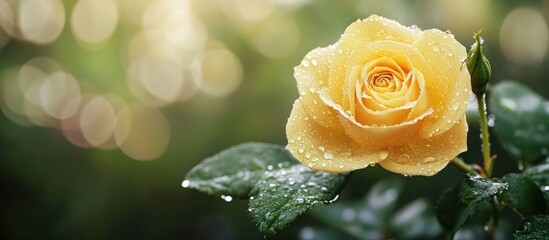 Aufkleber - yellow rose with water droplets during spring rain. with copy space image. Place for adding text or design