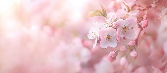 Aufkleber - The apple tree flowers attractively with cherry blossoms in soft pink and white hues Sakura Shallow depth of field A close up of the flowering branches of the pink cherry tree a Japanese cherry tree