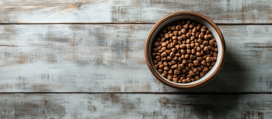 Poster - Cat food in a bowl on a grey wooden background Top view Copy space Minimalism
