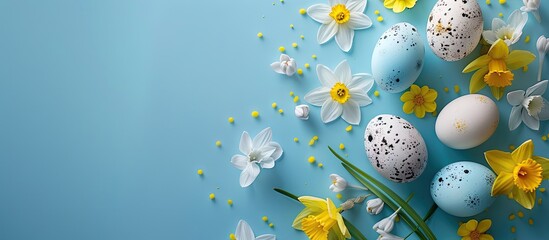 Poster - Easter egg decorated with flowers An arrangement of Easter food with space for text. with copy space image. Place for adding text or design