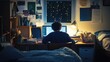 © keetazalay - A peaceful photo of a student studying late at night in a cozy dorm room, with textbooks and notes spread out on a desk, illuminated by a desk lamp, capturing the dedication and hard work involved in