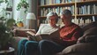 © keetazalay - An adult couple sitting in a cozy living room, reading books together, with a sense of tranquility and mutual support, reflecting the lifelong pursuit of knowledge and the joy of shared intellectual