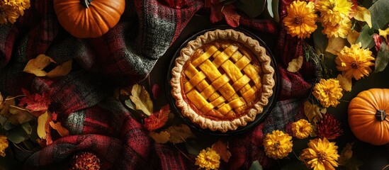 Fototapete - Autumn arrangement featuring pumpkins yellow tea flowers a cozy plaid and hat with a pumpkin pie in the center of the composition. with copy space image. Place for adding text or design