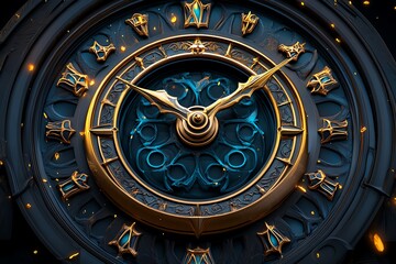 Poster - A close-up of a vintage clock face with ornate gold hands and Roman numerals. The background is a dark blue and gold design.