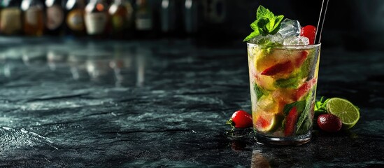 Poster - Mojito cocktail on a dark stone table with copyspace for your text
