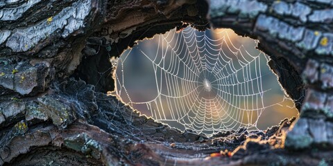 Canvas Print - Spider web spanning a gap in a tree trunk