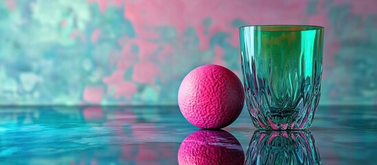 Leinwandbilder - Green and blue glassware alongside a vibrant pink ball on a textured background with reflection. with copy space image. Place for adding text or design