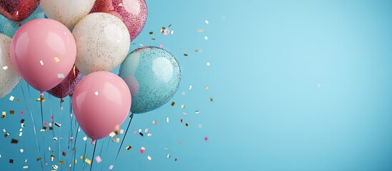 Poster - Beautiful blue backdrop featuring glitter confetti and vibrant air balloons celebration card with copy space