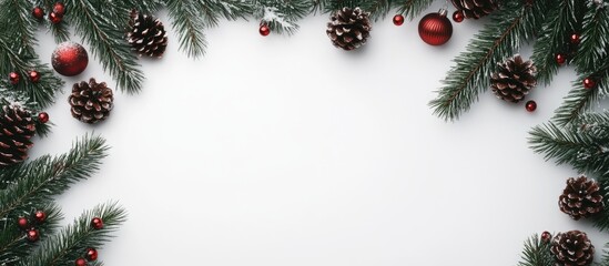 Poster - Christmas background and decorations Floral embellishments White backdrop Pine cones Christmas decor for cards Top view Ample copy space