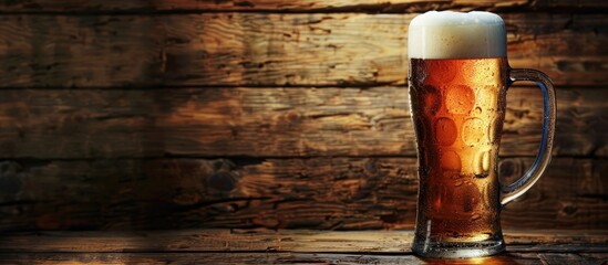 Aufkleber - Beer in a glass on a light wood background with copyspace