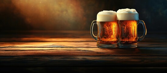 Poster - Mugs filled with fresh delicious beer on the table. with copy space image. Place for adding text or design
