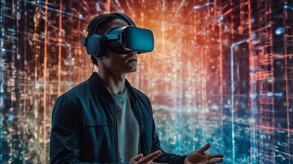 Wall Mural - A person wearing a VR headset, immersed in a digital world filled with interactive holograms and futuristic landscapes