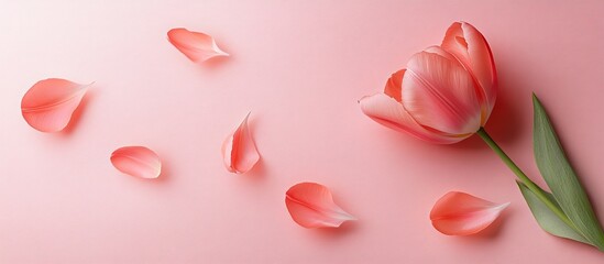Poster - Pink tulip with petals set against a pink background Flat lay top view Valentine s romantic love Easter spring concept. with copy space image. Place for adding text or design
