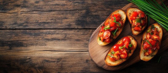Aufkleber - Bruschetta topped with cherry tomato and chive on a wooden table. with copy space image. Place for adding text or design