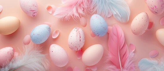 Poster - Easter theme Light background featuring pastel colored eggs and feathers with space for text Top view flat lay. with copy space image. Place for adding text or design