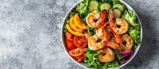 Poster - Shrimp salad bowl with mixed vegetables Photo isolated on a grey background top view with copy space