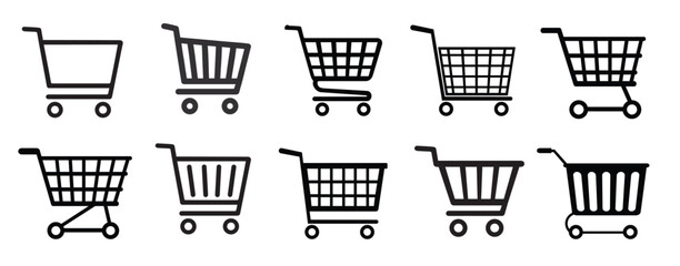 Shop cart icon set, buy and sale symbol. Full and empty shopping cart. Shopping basket icon sign