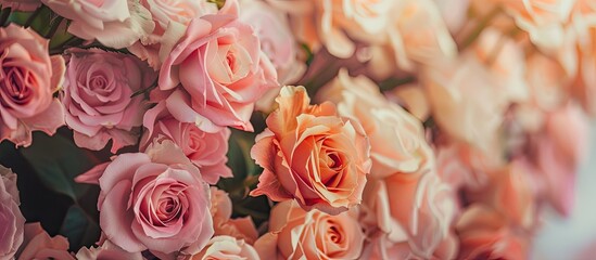 Aufkleber - Delicate roses create a frame with blooming flowers providing a festive backdrop soft pastel card selective focus and toned. with copy space image. Place for adding text or design