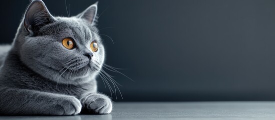 Poster - Close up portrait of a British Shorthair cat resting against a gray background. with copy space image. Place for adding text or design