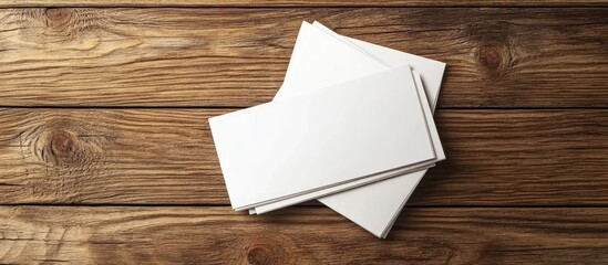 Fototapete - Image of empty business cards on a wooden table background ID template Copyspace for text Top view