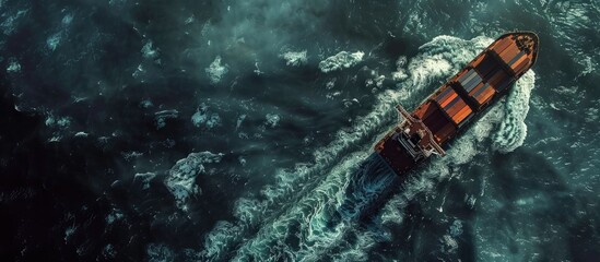 Poster - Aerial overview of a cargo ship transporting containers for import and export business logistics and transportation in the open sea with copy space