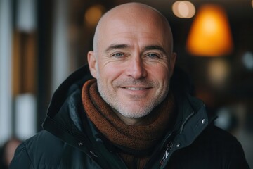 charismatic bald man in black jacket warm genuine smile studio lighting emphasizing facial features blurred abstract background professional portrait style