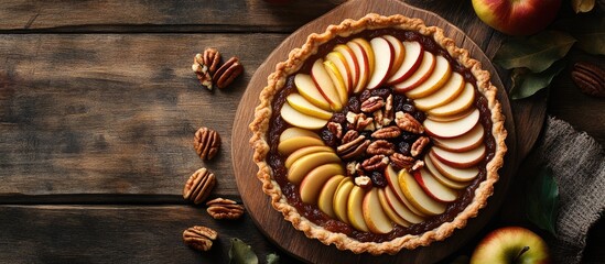 Aufkleber - Apple pie tart featuring raisins nuts and cinnamon A classic dessert for Independence Day in the United States Rustic design Top view. with copy space image. Place for adding text or design