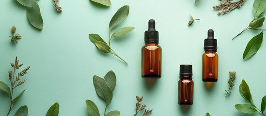 Poster - Flat lay arrangement featuring bottles of essential oil and text space on a colored background. with copy space image. Place for adding text or design