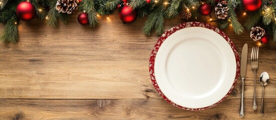 Aufkleber - Top view of a Christmas dinner set on a wooden surface Plate utensils fir tree and holiday decorations with copy space Concept of New Year time