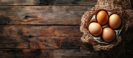 Poster - Fresh eggs on a rustic wooden background. with copy space image. Place for adding text or design