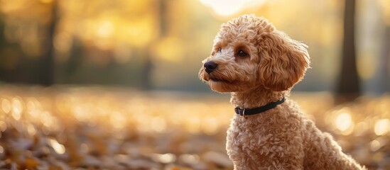 Poster - Miniature golden doodle portrait in an autumn dog park. with copy space image. Place for adding text or design