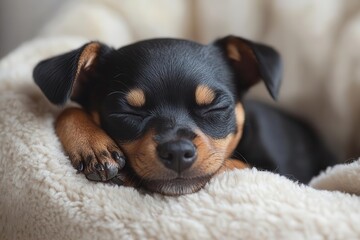 adorable miniature pinscher puppy peacefully napping on a plush beige sofa curled up in a cozy ball highlighting its tiny size and delicate features against the soft background